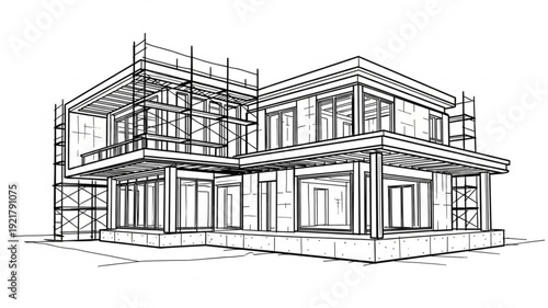 Architectural sketch of a modern house under construction with scaffolding.