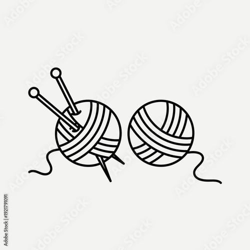 Knitting Yarn Balls with Needles Vector Illustration – Handcraft Wool Skein Line Art Icon