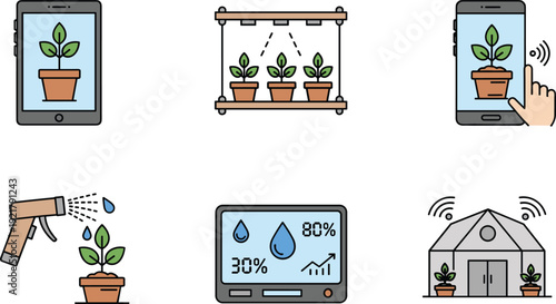 Smart gardening vector icon set showing plant monitoring irrigation control greenhouse automation and mobile app interface for modern agriculture technology concepts