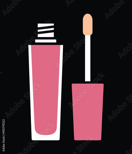 Graphic illustration of a pink lip gloss tube with its applicator wand on a black background.