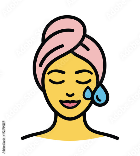 Stylized illustration of a person with a facial mask or treatment, featuring a pink towel and blue water drops.