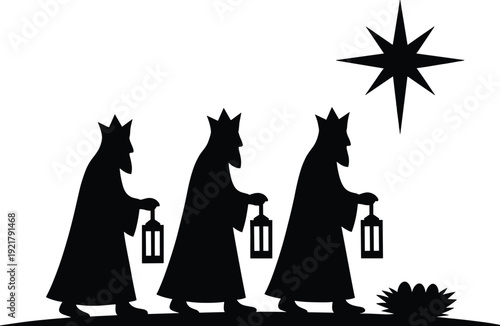 Three wise men silhouette, nativity scene with star of Bethlehem, biblical magi carrying gifts, Christmas religious vector illustration isolated on white background