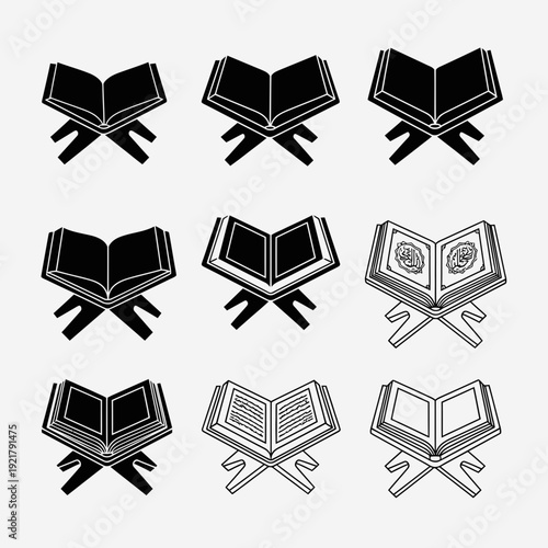 Holy Quran Icon Set Vector – Open Islamic Book Line and Solid Style Religious Symbol Collection