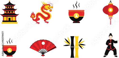 Asian culture icons set temple dragon lantern fan bamboo person teacup
