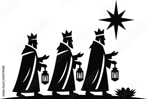 Three wise men nativity silhouette with star of Bethlehem, biblical Magi kings carrying gifts, Christmas religious vector illustration isolated on white background