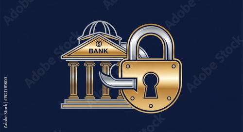 Bank building secured with a large golden padlock illustration.