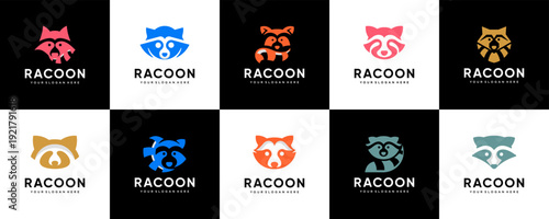 A collection of colorful raccoon logos, animal characters, friendly and cute, vector design illustrations.