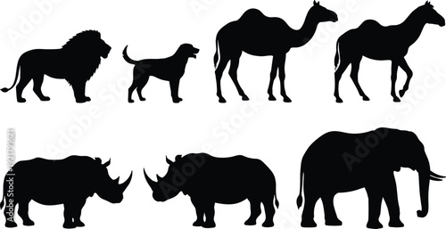 Animal silhouettes grid illustration, lion dog camel giraffe elephant rhinoceros hippopotamus character design, vector artwork, wildlife and education theme, isolated background