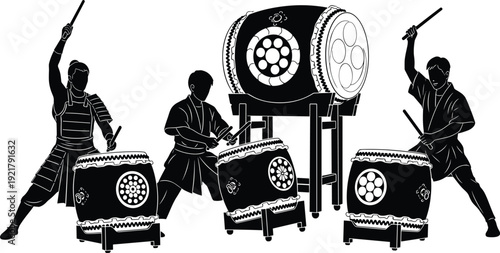 Traditional Japanese taiko drummers performance silhouettes, musicians playing large drum instruments, black vector illustration isolated on white background