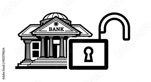 Bank building with an unlocked padlock icon symbolizing financial security.