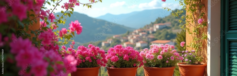 Obraz premium Pink bougainvillea flowers bloom in pots on a balcony overlooking a village. Rich plants create vibrant home decor. Green shutters add contrast.