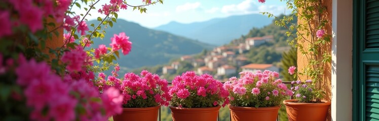 Pink bougainvillea flowers bloom in pots on a balcony overlooking a village. Rich plants create vibrant home decor. Green shutters add contrast.