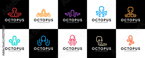 A collection of octopus tentacle logos with abstract line art style, colorful, underwater, vector graphic design.