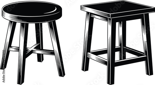Stool illustration set, round seat version, square seat version, furniture design concept, wooden chair vector artwork collection for home decor and interior themes
