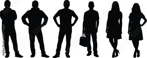 Standing people silhouette vector set showing men and women poses, confident posture, casual and business characters isolated on white background