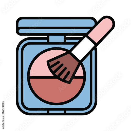 A flat design illustration of a light blue compact makeup case with pink blush and a brush resting on top, depicting cosmetics.