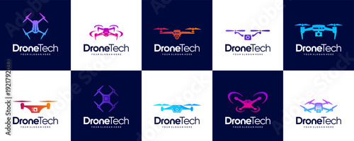 collection of drone logos, aviation symbols, remote controls, smart technology, vector graphic design.