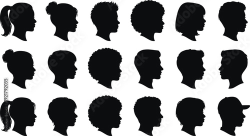 Human head silhouettes grid illustration, diverse hairstyles male female profile character design, vector artwork, identity and education theme, isolated background
