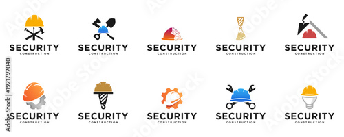 collection of safety logos with helmet shapes, construction, mechanical engineering, graphic design templates.