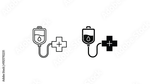 IV Bag with Medical Cross Symbol in Simple Line Art Style on White Background with Black Outline for Healthcare Icon