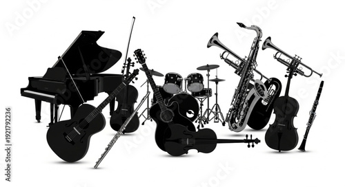 Collection of Musical Instruments Arranged Together.