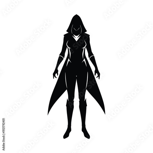 Female assassin in hooded cloak, mysterious woman silhouette, spy or rogue character, dark outfit.