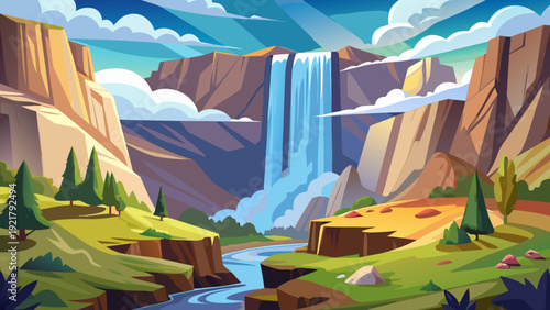 Minimal cartoon vector of a powerful tall waterfall flowing from large cliff into wide natural valley clean flat landscape style