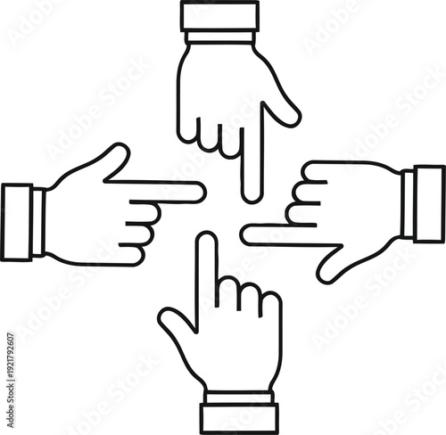 Four hands pointing fingers at each other in conflict
