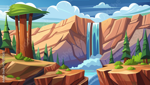 Cartoon vector illustration of a thin waterfall dropping from high rocky mountain cliff in calm minimal flat environment