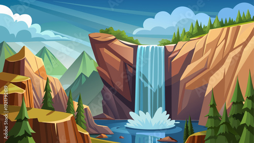 Cartoon vector illustration of a thin waterfall dropping from high rocky mountain cliff in calm minimal flat environment