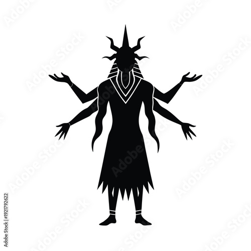 Mythological multi-armed deity silhouette, ancient god figure, divine being with many hands.