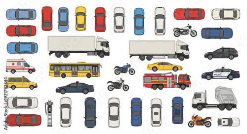 Collection of various vehicles seen from above.