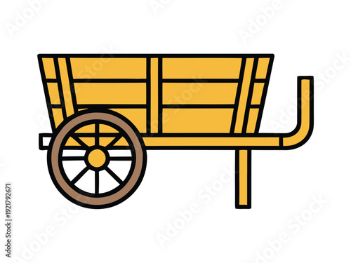 Simple illustration of a yellow wooden cart with a single wheel and a support leg, depicted in a flat design style.