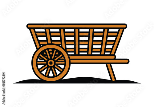 Simple vector illustration of a traditional wooden farm cart or wagon with a large spoked wheel, depicted on a white background.