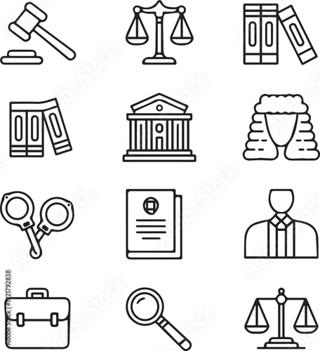 Law and Justice Line Icon Set - Legal Services, Courtroom, and Advocacy Vector Symbols
