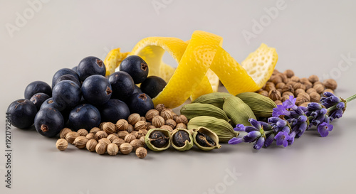 Assorted Gin Botanicals Flat Lay on Neutral Background