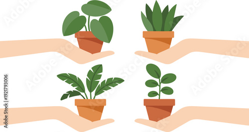 Flat design illustration of human hands holding various potted houseplants for gardening and home growth concepts