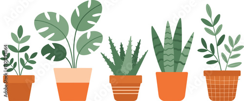 Flat design collection of indoor houseplants in terracotta pots including monstera aloe vera and snake plants.