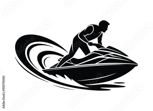 Dynamic black silhouette of a person riding a jet ski on water, creating a large wave, illustrating speed and water sports.