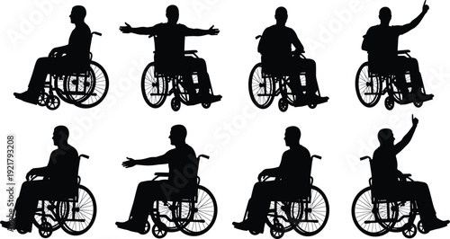 Wheelchair user silhouettes set, disabled person in various seated gestures and poses, black vector illustration isolated on white background