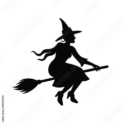Witch silhouette flying on broomstick, halloween character, sorceress with pointed hat.