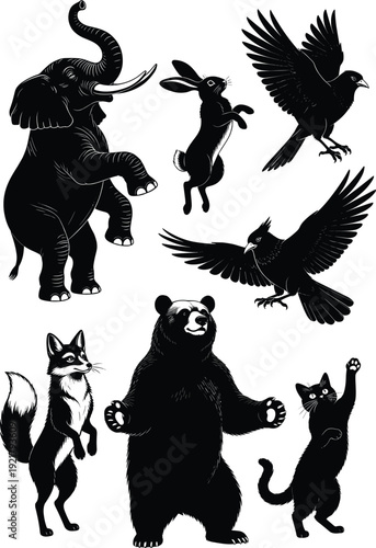 Wild animal silhouettes collection, elephant bear fox rabbit crow and cat set, black vector illustration isolated on white background