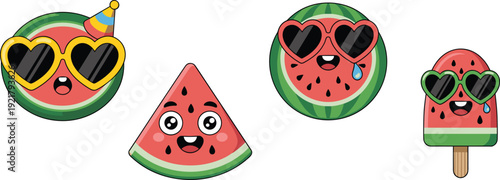Watermelon vector illustration, cartoon fruit characters, sunglasses, party hat, popsicle design, expressive faces, happy emotions, colorful decor, summer theme, playful style, sweet snack