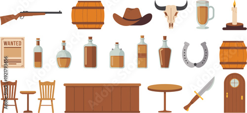 Western saloon vector illustration, rifle, cowboy hat, cow skull, liquor bottles, beer mug, wanted poster, horseshoes, wooden barrels, knife, candle, rustic decor, Wild West