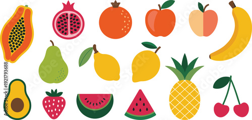 Fruit vector illustration, papaya, pomegranate, orange, apple, peach, banana, pear, lime, lemon, pineapple, avocado, strawberry, watermelon, cherries, healthy food, cartoon style