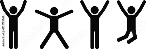 Vector illustration of four stick figure silhouettes in jumping and celebrating poses, dynamic human actions, expressive movement design, minimalistic black icons artwork.