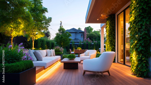 Modern Residential Composite Deck Featuring Integrated Lighting and Vertical Living Wall