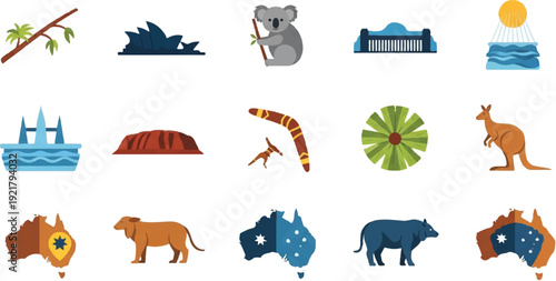 Australian icon set vector illustrations of animals landmarks and symbols