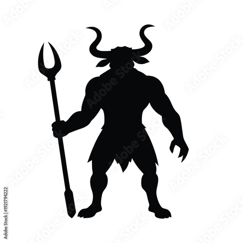 Minotaur mythical creature holding a bident in an aggressive pose black and white silhouette icon