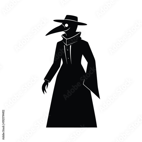 Plague doctor with a long beaked mask and wide-brimmed hat black and white silhouette icon